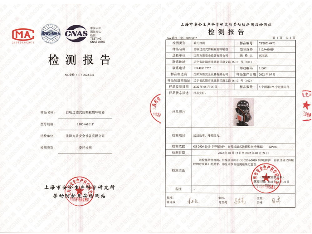 Inspection Report of Fangdun Filter Cartridge 6101P by China Academy of Safety Science and Technology